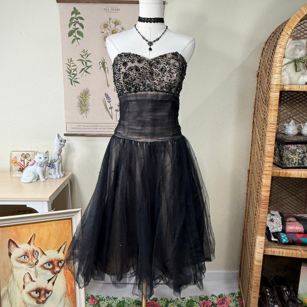 90s Y2k Beaded Ruched Strapless Formal Dress Dark Coquette Romantic Whimsigoth S